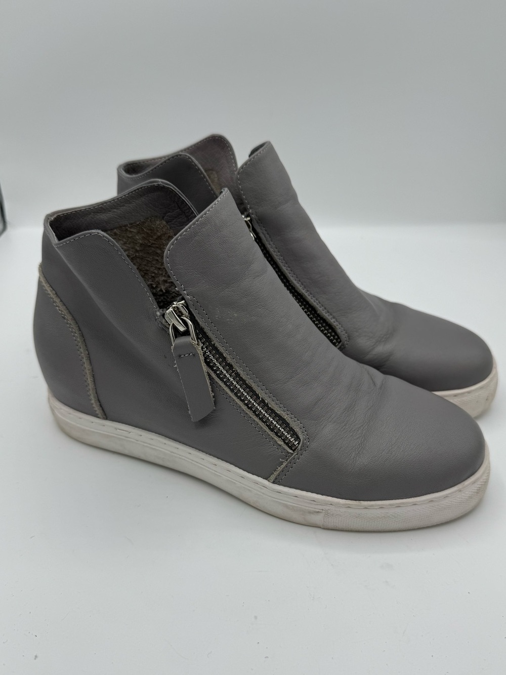 All Black Footwear Gray Hi Double Zip leather Sneaker Bootie size 37 US 7